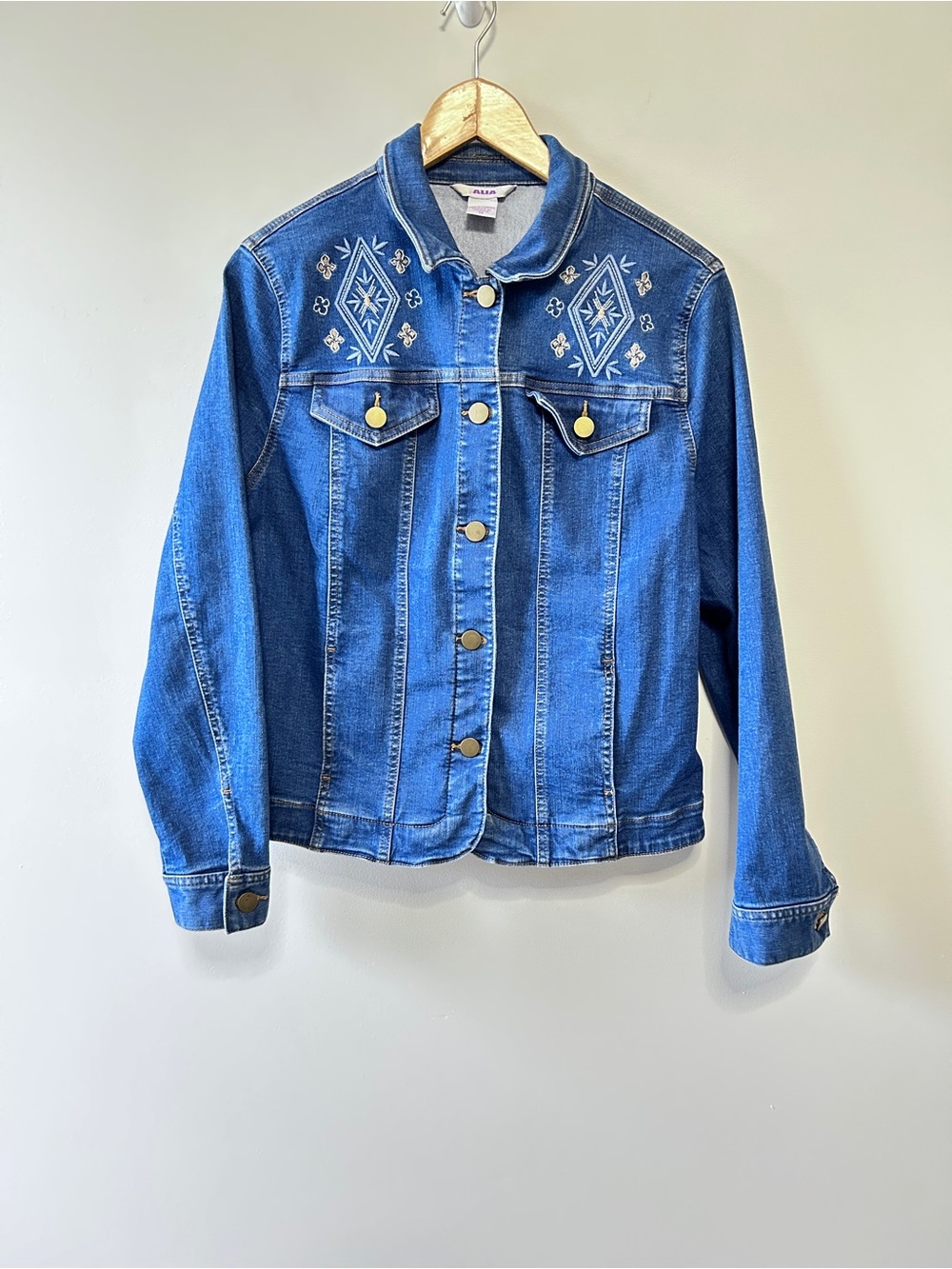 ALIA Embroidered Stretch Denim Jean Jacket Blue Size 14 Western Boho layering